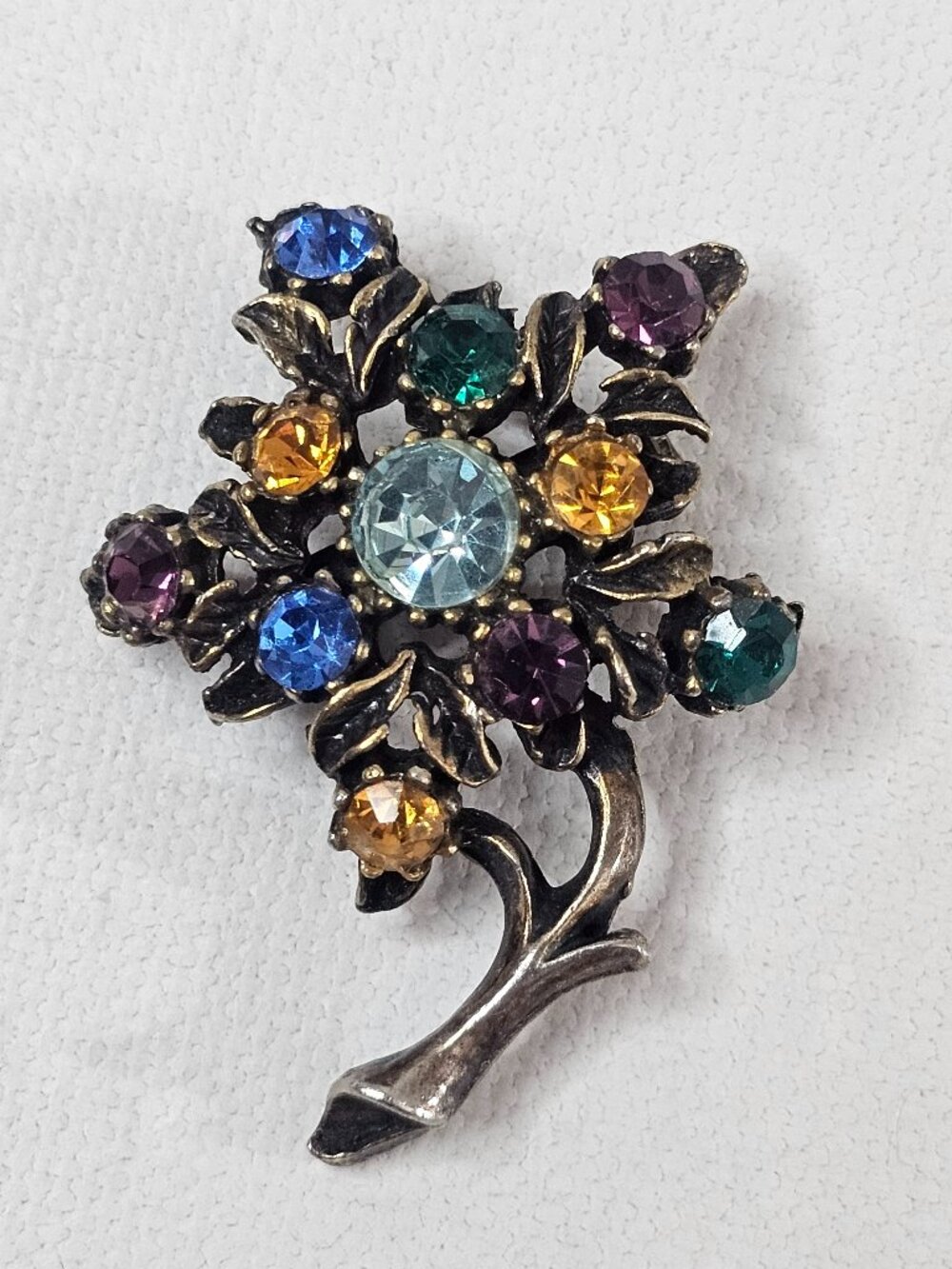 Vintage Floral Brooch Dark Metal Multicolor Rhinestone Unsigned Decorative Pin